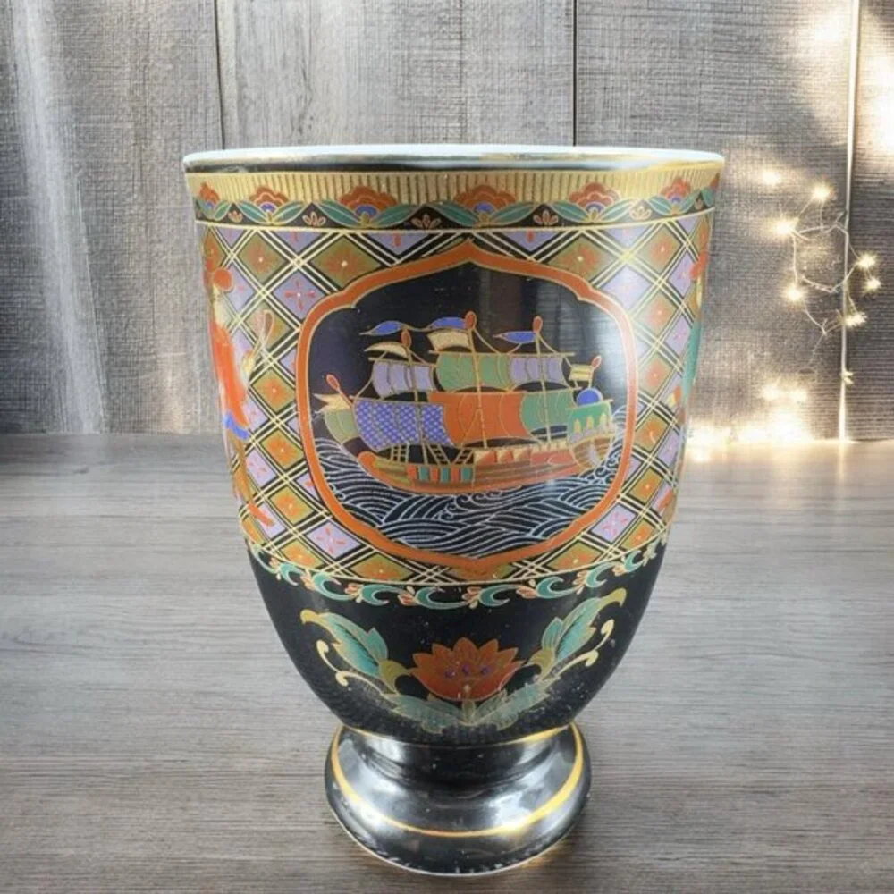 Japanese Oriental Ceramic Goblet Drinking Cups Tumblers Ships Pattern Set 2 Cups
